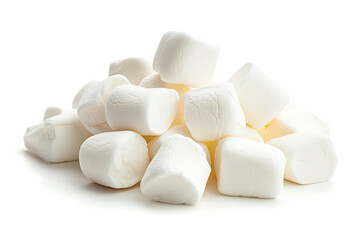 A detailed close-up image of a pile of soft, white marshmallows, isolated on a white background, highlighting their texture and form.