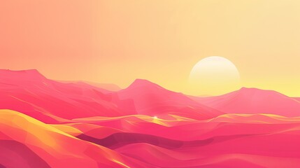 Obraz premium Creative minimalist flat illustrations of landscape modern art. Summer background. Natural abstract landscape background. Mountain, forest, sea, sky, sun, and river. High quality AI generated image