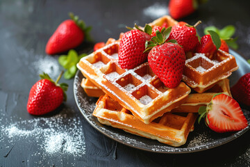 A plate of waffles with strawberries and powdered sugar - obrazy, fototapety, plakaty
