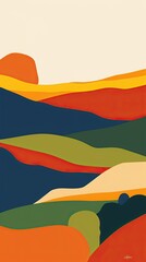Creative minimalist flat illustrations of landscape modern art. Summer background. Natural abstract landscape background. Mountain, forest, sea, sky, sun, and river. High quality AI generated image