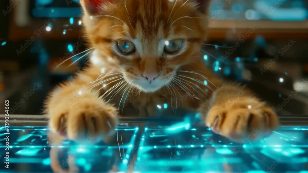 Poster a cat is looking at a computer screen with a blue background