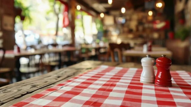 A table with a red and white checkered tablecloth and two pepper shakers on it