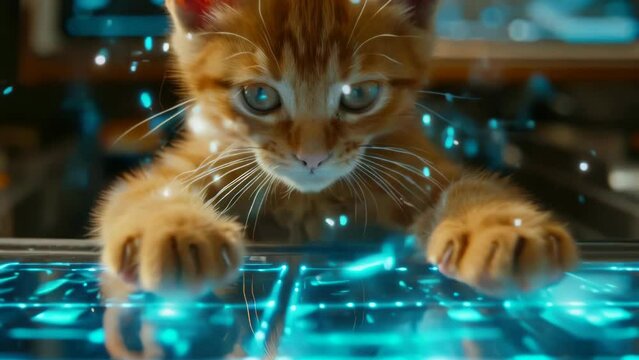 A cat is looking at a computer screen with a blue background