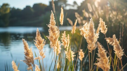 Close up of blooming reeds by the water s edge - obrazy, fototapety, plakaty
