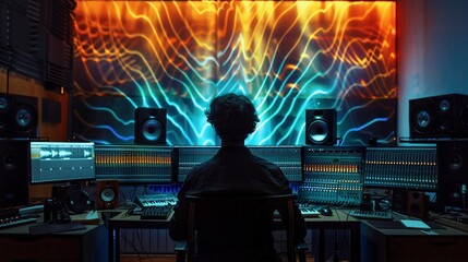 A music editor in a stateoftheart studio, creatively manipulating sound waves for perfect audio production
