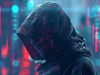 A mysterious hacker with a hood, immersed in lines of code, representing the hidden battles of cybersecurity