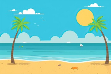 Fototapeta na wymiar Beautiful sea summer or spring cartoon style background. Golden sand beach with blue ocean and cloudscape. Summer theme background. High quality AI generated image