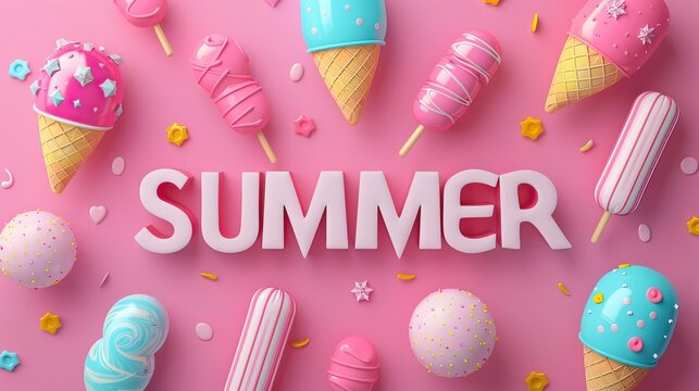 Ice creams on a pink background. Watermelon, strawberry, and raspberry flavor. Empty space for text. Summer theme background. High quality AI generated image