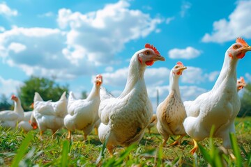 Fototapeta premium A group of chickens are walking in a field