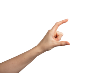 Female hand gesture isolated on white background. Showing invisible object, palm open. Concept, transparent png