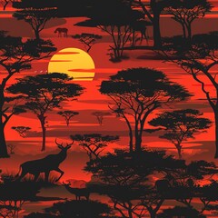 A 3D seamless pattern depicting a savanna landscape with the silhouettes of animals at sunset, each creature's outline sharply defined against the setting sun. Seamless Pattern, Fabric Pattern, Tumble
