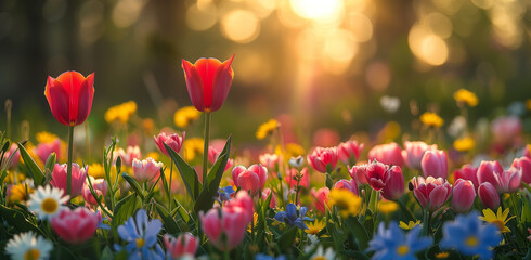The sunset casts a golden glow over a field of colorful tulips and daisies, creating a tranquil and vibrant springtime scene.