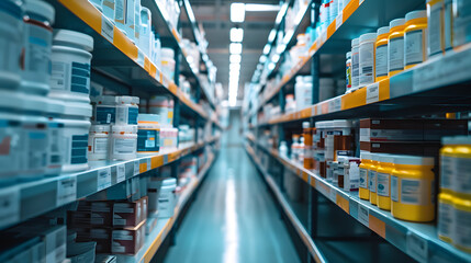blurred hospital pharmacy, showcasing the shelves stocked with medications, the compounding area, and the diligent work of pharmacists 