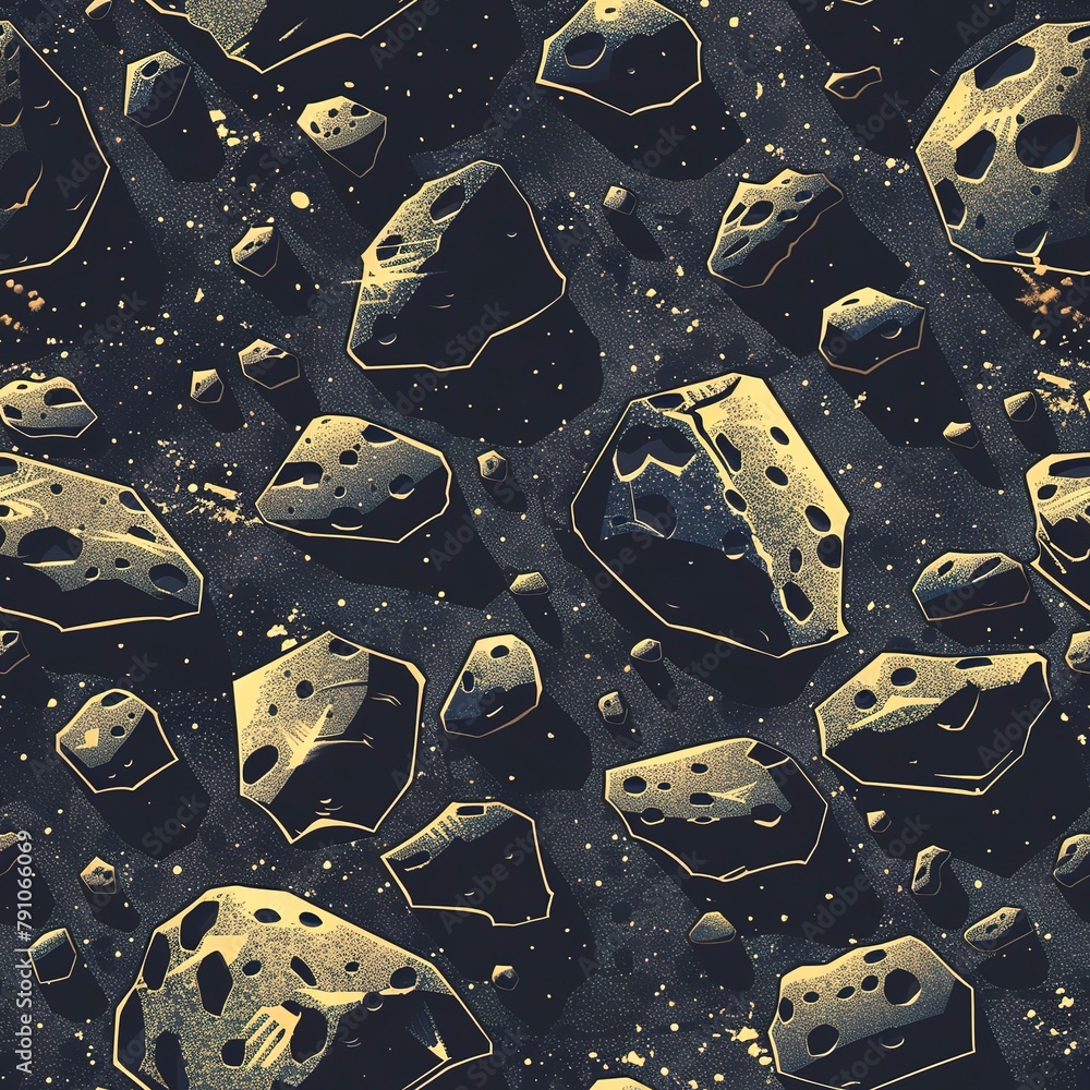 Poster a seamless pattern of asteroid belts bathed in sunlight, casting shadows and creating a contrast bet