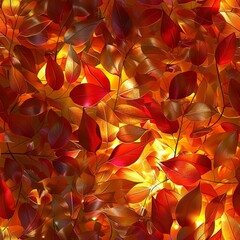 A vibrant 3D pattern showcasing the autumn sun filtering through a forest, with leaves in shades of orange, red, and gold glowing softly in the light.