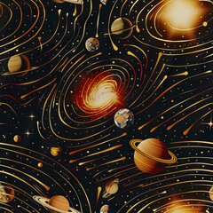 A 3D-rendered seamless pattern featuring the sun at the center of a solar system, with planets orbiting in smooth, elliptical paths.Seamless Pattern, Fabric Pattern, Tumbler Wrap, Mug Wrap.