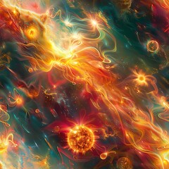A vibrant depiction of solar flares and coronal mass ejections, showcasing the dynamic and energetic activity of the sun's surface. Seamless Pattern, Fabric Pattern, Tumbler Wrap, Mug Wrap. - obrazy, fototapety, plakaty