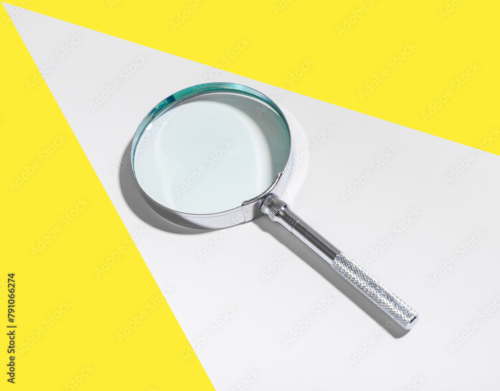 Poster search concept background with magnifying glass. zoom in to examine objects, control and explore