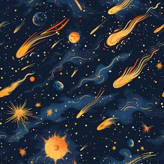 A cosmic dance of comets and meteoroids as they pass by the sun, highlighting their illuminated tails against the dark backdrop of space. Seamless Pattern, Fabric Pattern, Tumbler Wrap, Mug Wrap.