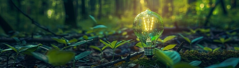 A solitary green lightbulb in a forest setting, shining light on the potential of natureinspired innovation
