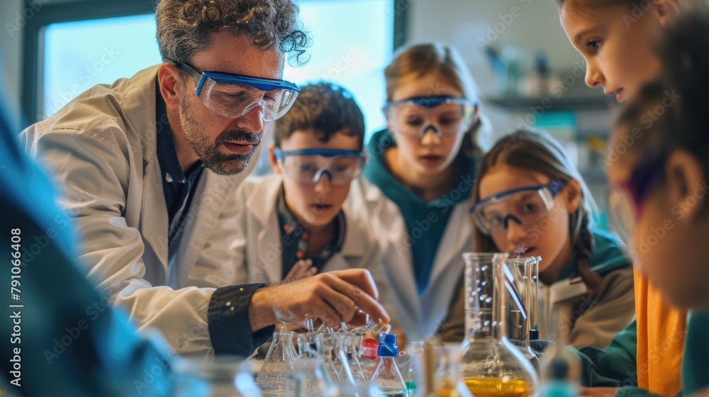 Poster a fun event is taking place in a lab where a group of children are conducting a science experiment, 