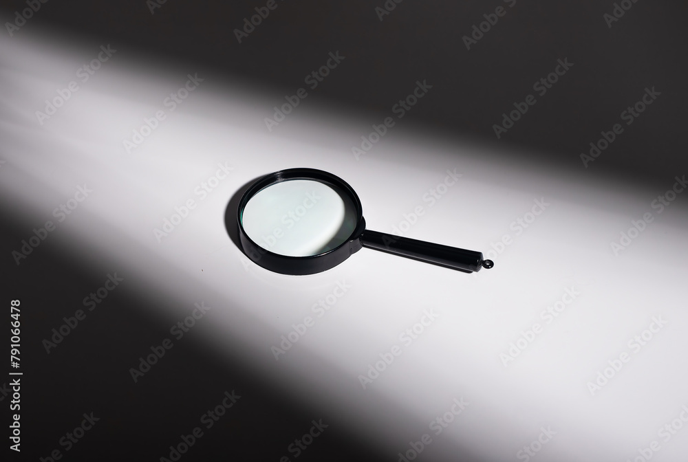Poster zoom loupe concept. science object symbol explore analysis. crime magnifying detective handle focus