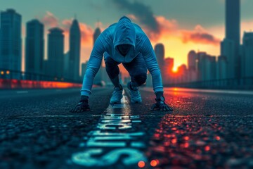 A man is running on a road. Health care concept. Background with selective focus and copy space - Powered by Adobe