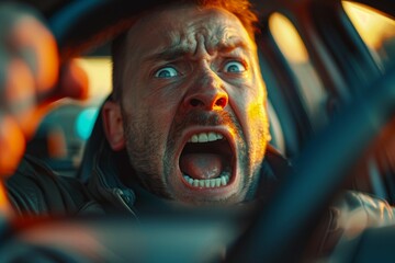 A frightened man screams in horror while driving. Accident concept. Backdrop with selective focus and copy space