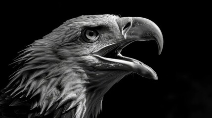   A monochrome image of an eagle's headed, beak agape and mouth wide open - obrazy, fototapety, plakaty