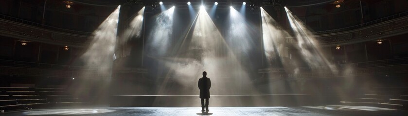 A stage bathed in spotlight, the performer poised in anticipation, the audiences excitement tangible - obrazy, fototapety, plakaty