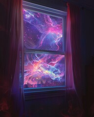 A surreal vision of a vivid nebula seen through the silhouette of a window, blending indoor and cosmic vistas