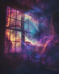 A surreal vision of a vivid nebula seen through the silhouette of a window, blending indoor and cosmic vistas - obrazy, fototapety, plakaty