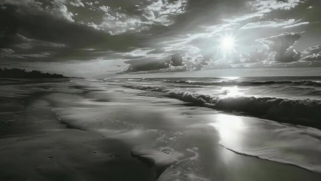 A black and white beach with the sun shining on the water