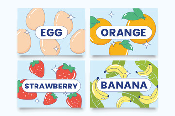 vector flashcards with cartoon food beans grapes carrot lemon graphic illustration for kids