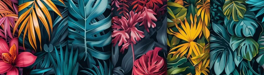 A vibrant display of botanical textile designs, where tropical foliage patterns transform fabrics into lush landscapes