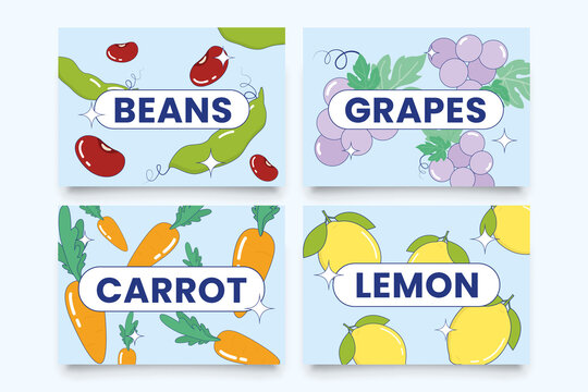 flashcards with cartoon food beans grapes carrot lemon graphic illustration for kids