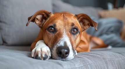 Argentinian canine peacefully lounging on the couch, carefully observing its surroundings - obrazy, fototapety, plakaty