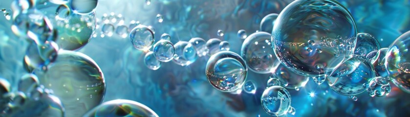 An artistic interpretation of water molecules as clear spheres, reflecting and refracting light in a serene aquatic scene