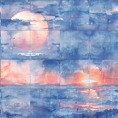 Watercolor tiles capturing the peaceful interaction between sun and water at dusk, each piece seamlessly transitioning to depict the calming effect. Seamless Pattern, Fabric Pattern, Tumbler Wrap, Mug