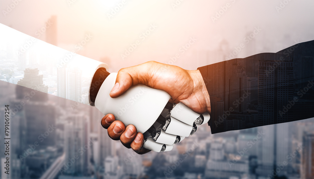 Aufkleber mlb 3d illustration humanoid robot handshake to collaborate future technology development by ai thin