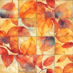 Seamless pattern of watercolor tiles showcasing sun flares peeking through autumn leaves, with a warm palette that blends smoothly across tiles. -Seamless Pattern, Fabric Pattern, Tumbler Wrap, Mug Wr
