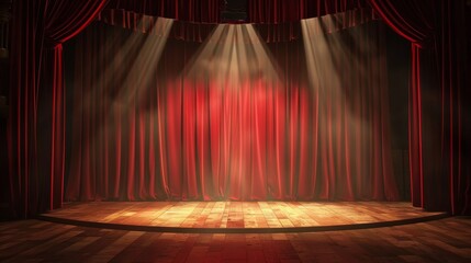Empty Theater Stage with Red Curtains and Spotlight Generative AI