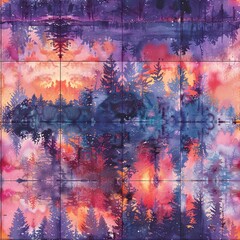 Watercolor tile pattern illustrating the vibrant contrasts at sunset in the woods, with seamless transitions of light and color. Seamless Pattern, Fabric Pattern, Tumbler Wrap, Mug Wrap.