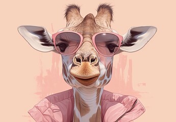 A giraffe wearing pink sunglasses and a jacket against solid color background