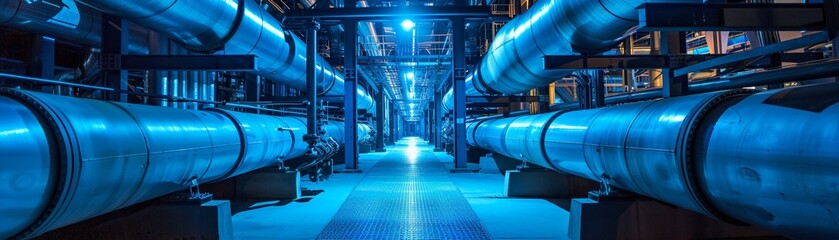 Blue lights cast eerie shadows over sprawling industrial pipes at night, enhancing the stark, mechanical beauty