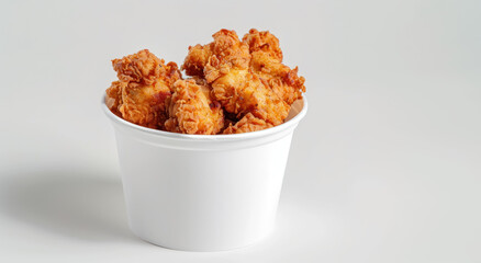 crispy fried chicken strips in a white bucket on a clean white background, for your mock-up