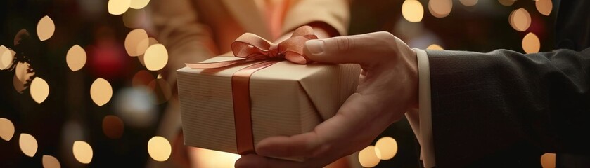 Closeup of a gift being presented by a person in a tailored suit, showcasing a classic gesture of generosity - obrazy, fototapety, plakaty