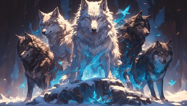 A group of wolves standing in front, five different colored wolf's facing the camera, misty background, fantasy art style painting 