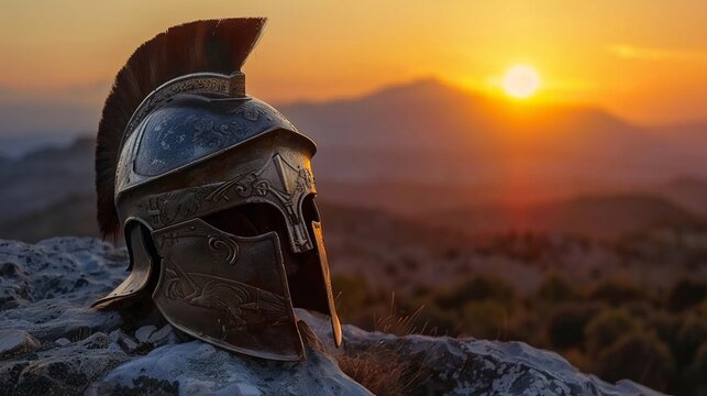 Dramatic view of a Spartan helmet highlighted by the setting sun, with rugged mountains providing a formidable backdrop