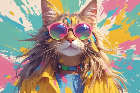 a happy smiling cat wearing colorful glasses with paint splashes, colorful background